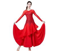TJDWPRRD Ballroom Performance Dance Dresses National Standard Dancewear Sequins Waltz Tango Training Dancing Costumes,Red,XL