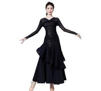 TJDWPRRD Ballroom Performance Dance Dresses National Standard Dancewear Sequins Waltz Tango Training Dancing Costumes,Black,L