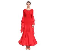 TJDWPRRD Elegant National Standard Dance Dress Long Sleeve Waltz Competition Costume Women's Flamenco Tango Dancewear,Red,S