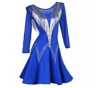 TJDWPRRD Latin Dance Costume For Ladies Long Sleeve Ballroom Dancing Dress Beaded Cha Cha Tango Performance Dancing Outfit,Blue,XXL