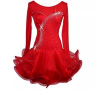 TJDWPRRD Latin Dance Dresses Long Sleeve Cha Cha Tango Performance Skirt Rhinestones Salsa Practice Outfit Fishbone Skirt,Red,XXL
