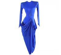 TJDWPRRD Long Sleeve Women's Latin Dance Dresses Asymmetric Cha Cha Tango Costume Elastic Ballroom Performance Dancewear,Blue,XXL
