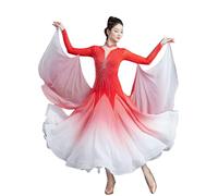 TJDWPRRD National Standard Dance Dress Ballroom Competition Skirt with Rhinestones Gradient Tango Waltz Performance Costume,Red,L