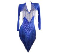 TJDWPRRD Tassel Professional Latin Dance Competition Dresses Ballroom Performance Skirt Long Sleeve Cha Cha Salsa Dancewear,Blue,XXL