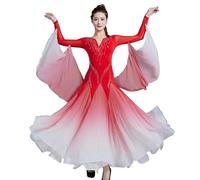 TJDWPRRD Women's Ballroom Dance Competition Dresses Gradient Flamenco Foxtrot Performance Costume Waltz Tango Dancing Skirt,Red,L