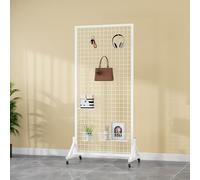 TJKK Mobile Gridwall Panel Display Stand - Metal Mesh Freestanding Rack with 4 Wheels & 20 Hooks for Retail, Trade Shows, Art Exhibitions - Versatile Storage Solution (60x40x160cm,White)
