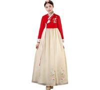 Tjlmomo Hanbok Dress for Women Korean Ancient Traditional Dress Outfit Floral Embroidery Cosplay National Costume (Red Tops Yellow Skirt)