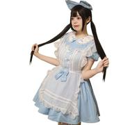 Tjlmomo Lolita blue princess dress COS maid costume anime role play costume with bow apron (L)