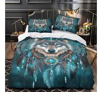 TJLROUVNK Wolf Spirit 3D Print Duvet Cover 3-Piece Microfiber Breathable Hidden Native Dreamcatcher Comforter Cover 2 Pillowcases Durable Home Decor Family Bedroom Double（200x200cm）