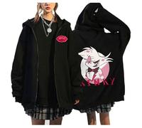 TJOS Hazbin Hotel Animated Print Zippered Fleece-Lined Hoodie in Black, Unisex Long-Sleeve Casual Outerwear (black-3,S)
