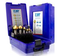 TJR® Countersink 90° Diameter 6.3-20.5 mm Made of HSS Steel with coating- Really Sharp - Countersink and Deburring Set for Wood, Metal and Plastic in Storage Box (HSS with TiN coating)