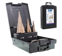 TJR® HSS-E M35 Cobalt Step Drill Bit Set, 3 Pcs, 2-fluted Spiral Grooved with 29 Step Sizes Total for Faster Drilling in Stainless Steel, Alloy steel, Non-ferrous metals, Wood, Plastics