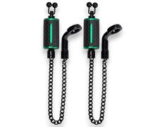 TJR Tackle 2 x Ultimate Carbon Bite Indicators bobbins with 14cm Chain, Black stainless steel ball line clips, Metal hockey sticks (Green)