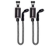 TJR Tackle 2 x Ultimate Carbon Bite Indicators bobbins with 14cm Chain, Black stainless steel ball line clips, Metal hockey sticks (Silver)