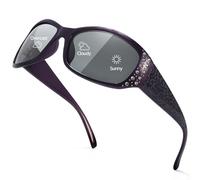 TJUTR Photochromic Polarised Sunglasses Womens with UV400 Protection Adaptive Lens and Rhinestone Decoration Wave Pattern Temple for Driving, Sports & Everyday Use