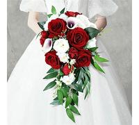 Tkasniy Handmade Wedding Bouquets For Bride, Artificial Red White Rose Bridal Bouquet, Waterfall Bride Bouquet With Long Ribbon For French Wedding Party Home Decor,Red B