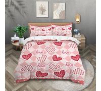 TKCQX Single Duvet Cover Set Love Grid Pink Single Bedding for Kids Boy Girl Aldult Red Hearts Valentine'S Day Quilt Cover Made of Microfiber with Pillowcase 50x75 cm