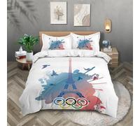 TKCQX White Duvet Cover Double Olympic Rings Eiffel Tower Double Bedding for Kids Boy Girl Aldult, Quilt Cover Made of Microfiber with Pillowcase 50x75 cm