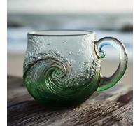 tkerinse Sea Glass Wave Mug, Handblown Oceans Wave Glass Mug Cup and Spoon, Unique Textured Beach Themed Glassware Sea Waves Design Teacup for Coffee Wine Beverage Ice Drink (Green)
