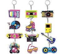 Tkifoda 12 Pcs 90s Party Favors Keychains Decorations, Retro Music Keychain, Hip Hop Party Favors Music Key Rings, Throwback 1990s Themed Party Supplies Favors Decorations