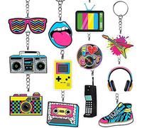 Tkifoda 12Pcs 80s Party Favors Keyrings, Acrylic Music Themed Keychains, 80s Retro Hip Hop Party Favors Key Ring for 1980s Music Theme Party Supplies Decorations