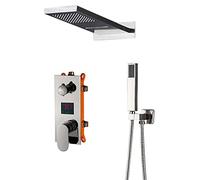 TKJfdTY Black Luxury Shower Mixer Kit Digital Display Wall Mounted Rain Waterfall Shower Faucet Rotate Handshower Shower Column Panel,1