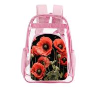 TKJMCSW 16" Clear Backpack Waterproof Stadium Bag for Security, Pink | Red Poppy Flowers Leaves, Transparent Backpack Stadium Events, Bookbag, See Through Bag for Sports Festivals Beach Travel