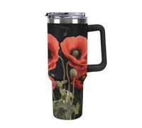 TKJMCSW 40oz Insulated Coffee Tumbler with Handle And Straw Double Wall Vacuum Stainless Steel Leak-Proof Lid Red Poppy Flowers Leaves Travel Mug Keeps Drinks Hot/Cold for Hours Fits Car Cup Holder
