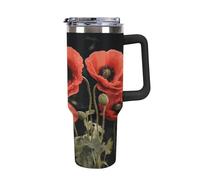 TKJMCSW 40oz Insulated Coffee Tumbler with Handle And Straw Double Wall Vacuum Stainless Steel Leak-Proof Lid Red Poppy Flowers Leaves Travel Mug Keeps Drinks Hot/Cold for Hours Fits Car Cup Holder