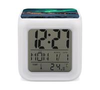 TKJMCSW 7 Color Change LED Digital Alarm Clock with Snooze Calendar Temperature Display Aurora Nordic Town Wake Up Clock Battery Operated Bedside Lamp Night Light for Bedroom Decor