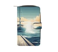 TKJMCSW Boat Seascape Theme Leather Wallets for Women with 12 Card Slots Zip Credit Card Holder Long Clutch with Coin Purse Id Window Travel Cash Wallet