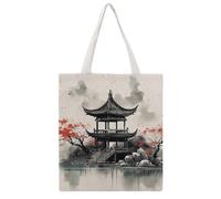 TKJMCSW Chinese Ink Painting Canvas Tote Bag for Women with Handles Reusable Grocery Cloth Bag Foldable Tote Purse Travel Casual Everyday Shoulder Bags Shopping Handbag for Teacher Nurse Gift