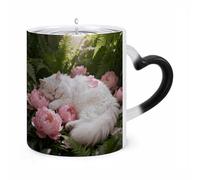 TKJMCSW Coffee Mug 11 Oz The Cat Among The Peonies Color Changing Mugs, Heat Changing Coffee Mugs with Handle, Heat Sensitive Magic Mug for Women Men Funny Ceramic Cup for Tea Latte Milk Cocoa