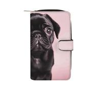 TKJMCSW Cute Black Pug Leather Wallets for Women with 12 Card Slots Zip Credit Card Holder Long Clutch with Coin Purse Id Window Travel Cash Wallet