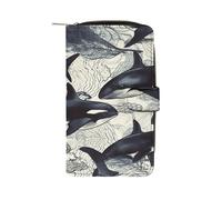 TKJMCSW Killer Whale Leather Wallets for Women with 12 Card Slots Zip Credit Card Holder Long Clutch with Coin Purse Id Window Travel Cash Wallet