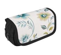 TKJMCSW Large Capacity Pencil Case Zippered Blue And Green Flowers Pencil Pouch Multifunctional Pen Case with 3 Compartment Adult Fabric Makeup Bag for Women Men Storage Organizer for Office Supply