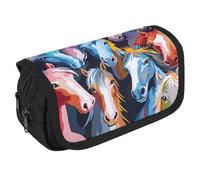 TKJMCSW Large Capacity Pencil Case Zippered Colorful Cartoon Horses Pencil Pouch Multifunctional Pen Case with 3 Compartment Adult Fabric Makeup Bag for Women Men Storage Organizer for Office Supply