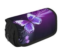 TKJMCSW Large Capacity Pencil Case Zippered Lovely Purple Butterfly Pencil Pouch Multifunctional Pen Case with 3 Compartment Adult Fabric Makeup Bag for Women Men Storage Organizer for Office Supply