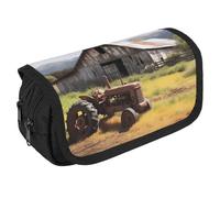 TKJMCSW Large Capacity Pencil Case Zippered Old Wooden Barn Tractor Pencil Pouch Multifunctional Pen Case with 3 Compartment Adult Fabric Makeup Bag for Women Men Storage Organizer for Office Supply