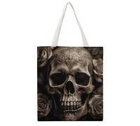 TKJMCSW Leather Rose Skull Canvas Tote Bag for Women with Handles Reusable Grocery Cloth Bag Foldable Tote Purse Travel Casual Everyday Shoulder Bags Shopping Handbag for Teacher Nurse Gift