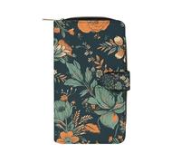 TKJMCSW Orange And Green Flowers Leather Wallets for Women with 12 Card Slots Zip Credit Card Holder Long Clutch with Coin Purse Id Window Travel Cash Wallet