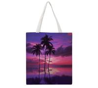 TKJMCSW Palm Tree Purple Sunset Canvas Tote Bag for Women with Handles Reusable Grocery Cloth Bag Foldable Tote Purse Travel Casual Everyday Shoulder Bags Shopping Handbag for Teacher Nurse Gift