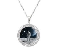 TKJMCSW Round Astronaut on Moon Diamond Necklace for Women Hypoallergenic Alloy Memorial Pendant Necklace with 20 Inch Adjustable Chain Dainty Jewelry Gifts for Mom Wife Girlfriend