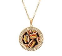TKJMCSW Round Fun Food Hot Dogs Diamond Necklace for Women Hypoallergenic Alloy Memorial Pendant Necklace with 20 Inch Adjustable Chain Dainty Jewelry Gifts for Mom Wife Girlfriend
