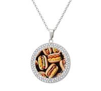 TKJMCSW Round Fun Food Hot Dogs Diamond Necklace for Women Hypoallergenic Alloy Memorial Pendant Necklace with 20 Inch Adjustable Chain Dainty Jewelry Gifts for Mom Wife Girlfriend