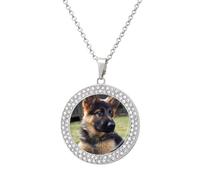 TKJMCSW Round German Shepherd Puppy Diamond Necklace for Women Hypoallergenic Alloy Memorial Pendant Necklace with 20 Inch Adjustable Chain Dainty Jewelry Gifts for Mom Wife Girlfriend, One size, Zinc