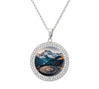TKJMCSW Round Mountain Compass Diamond Necklace for Women Hypoallergenic Alloy Memorial Pendant Necklace with 20 Inch Adjustable Chain Dainty Jewelry Gifts for Mom Wife Girlfriend, One size, Zinc