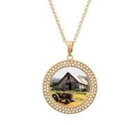 TKJMCSW Round Old Wooden Barn Tractor Diamond Necklace for Women Hypoallergenic Alloy Memorial Pendant Necklace with 20 Inch Adjustable Chain Dainty Jewelry Gifts for Mom Wife Girlfriend, One size