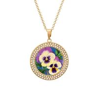 TKJMCSW Round Pansy Perfection Print Diamond Necklace for Women Hypoallergenic Alloy Memorial Pendant Necklace with 20 Inch Adjustable Chain Dainty Jewelry Gifts for Mom Wife Girlfriend