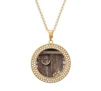 TKJMCSW Round Rustic Horseshoe Barn Wooden Diamond Necklace for Women Hypoallergenic Alloy Memorial Pendant Necklace with 20 Inch Adjustable Chain Dainty Jewelry Gifts for Mom Wife Girlfriend, One
